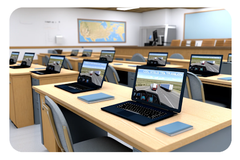 A classroom with laptops on desks and a map in the background.