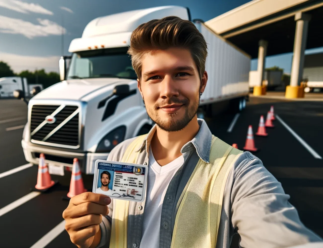 A man holding his driver 's license in front of a truck.